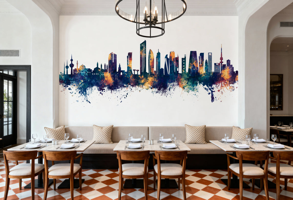 Kuwait City Skyline Blue & Bronze Mural Wallpaper - room preview 05