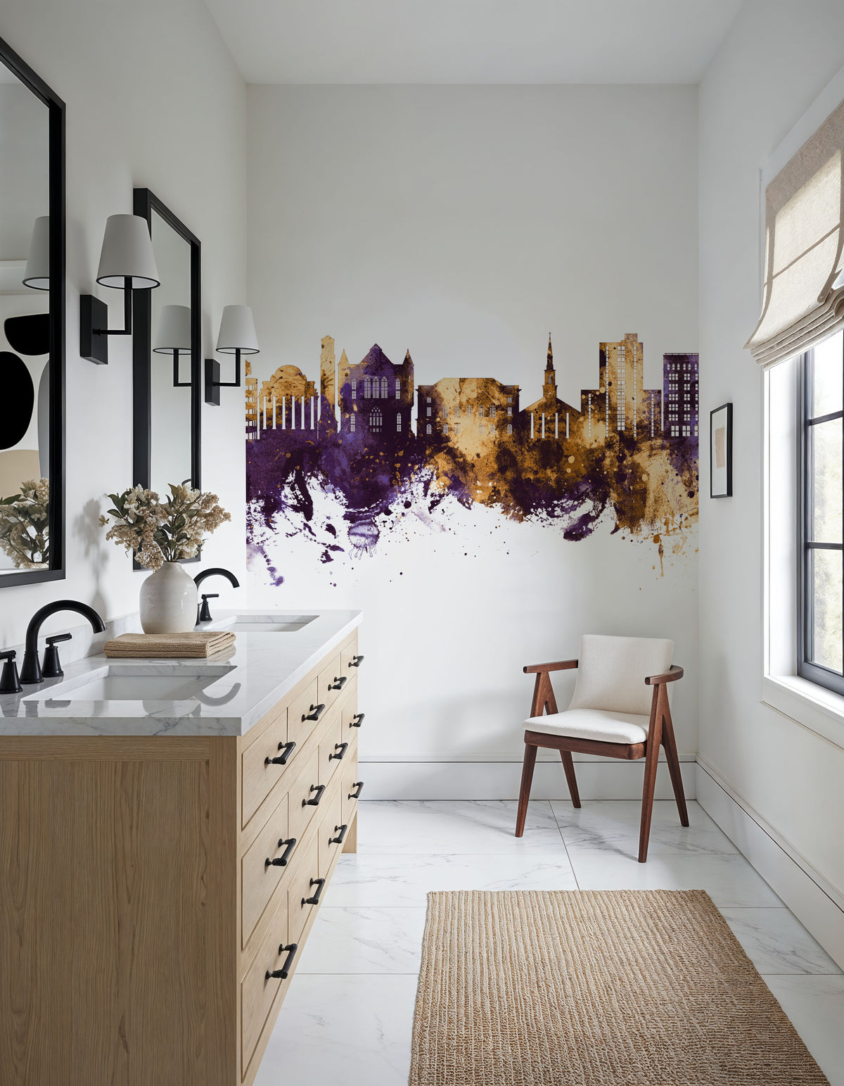 Tuscaloosa Alabama Skyline Purple & Gold Mural Wallpaper - room preview 05
