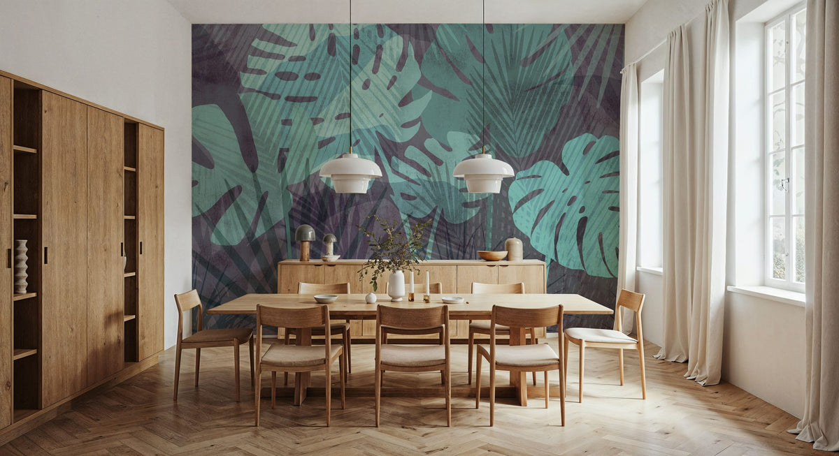 Big Monstera Leaves, Cyan Mural Wallpaper - room preview 05