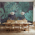 Big Monstera Leaves, Cyan Mural Wallpaper - room preview 05