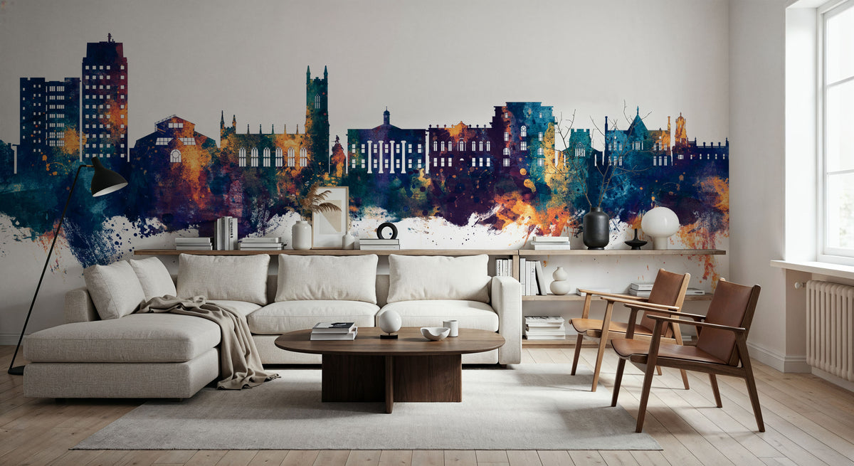 Oldham England Skyline Blue & Bronze Mural Wallpaper - room preview 05
