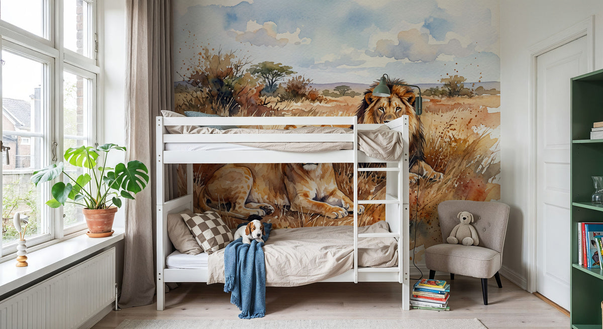 Lions II - Watercolor Predators Series Mural Wallpaper - room preview 05