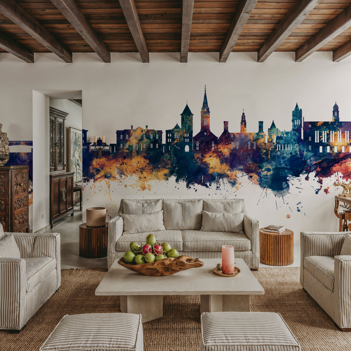 New Bern North Carolina Skyline Blue & Gold Mural Wallpaper - room preview 05