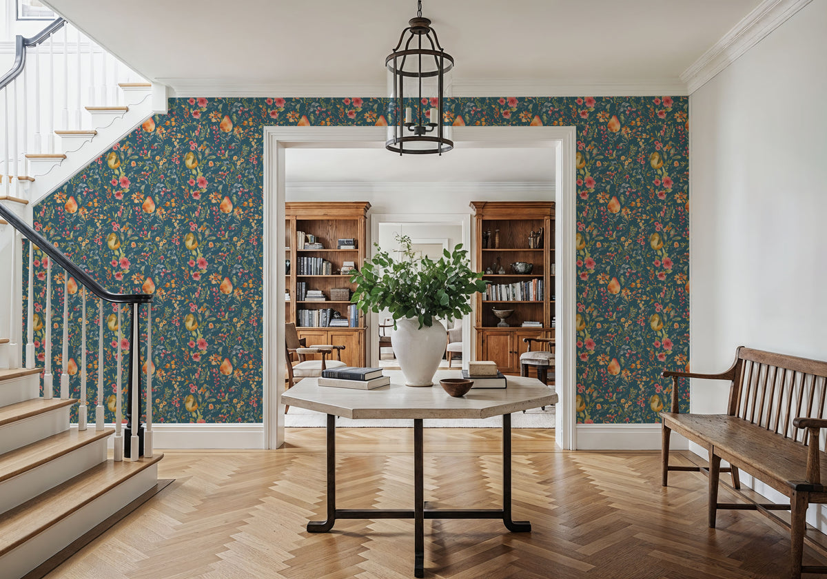 Time to Share Flowers and Pears Blue Mural Wallpaper - room preview 05