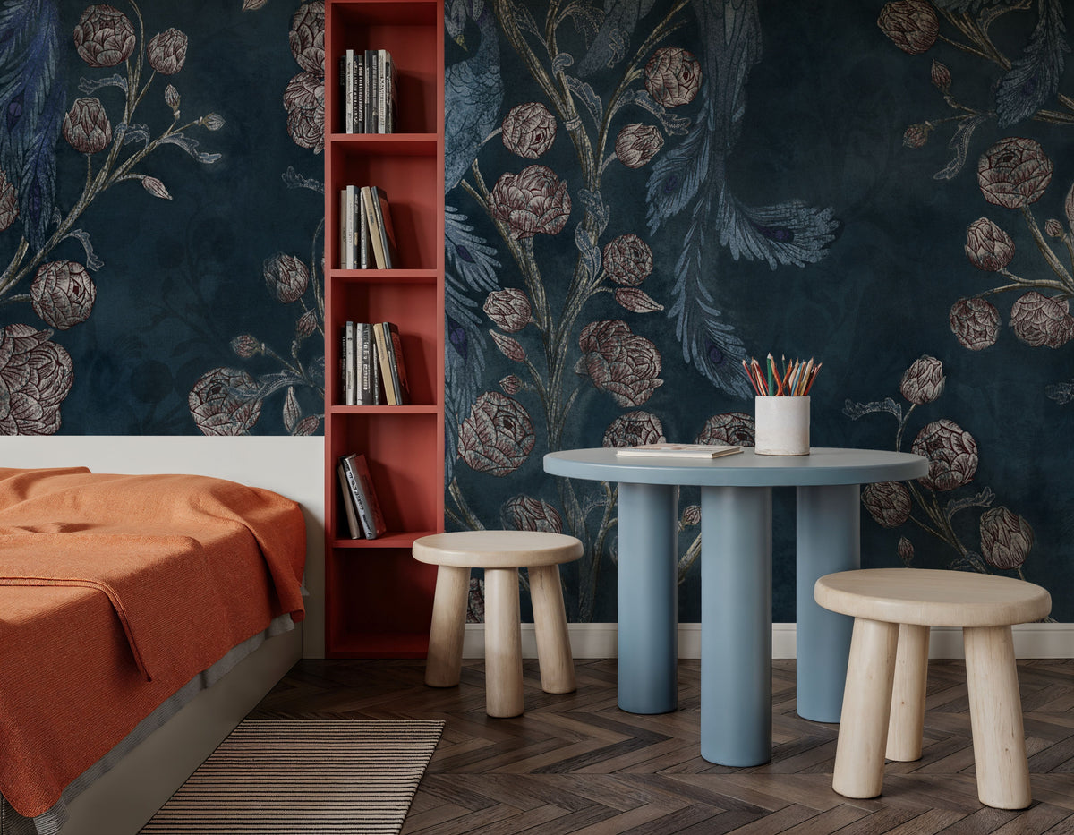 Peacock and Peony Chinoiserie Navy Mural Wallpaper - room preview 05