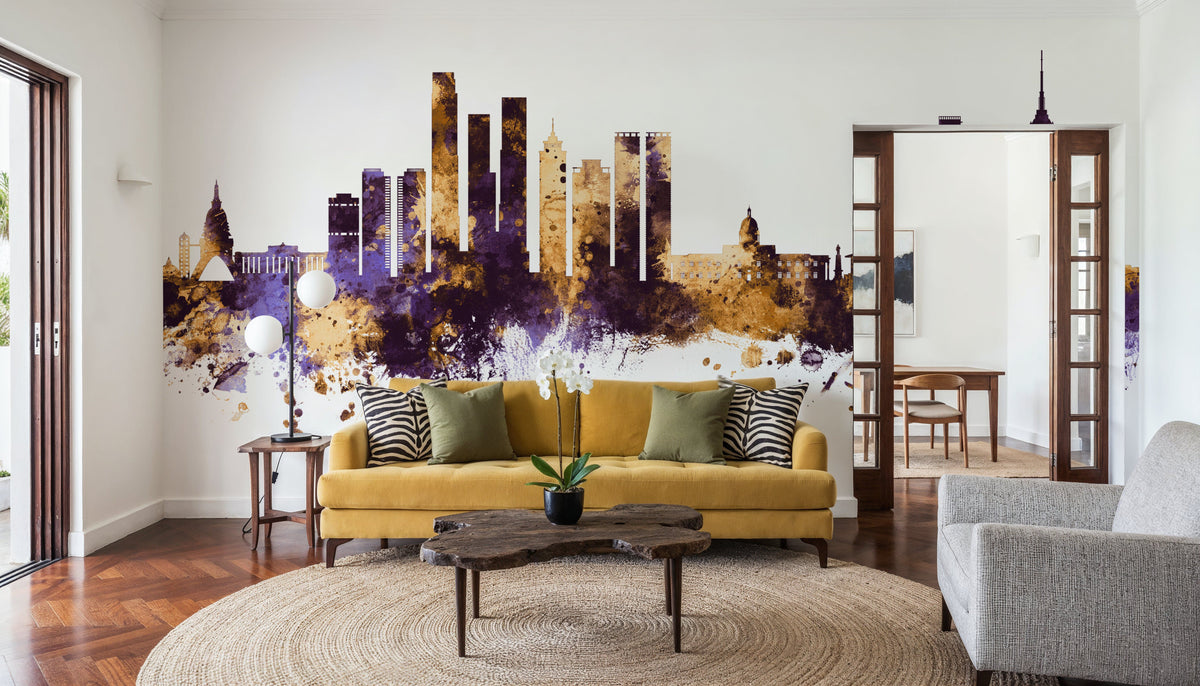 Colombo Sri Lanka Skyline Purple & Gold Mural Wallpaper - room preview 05