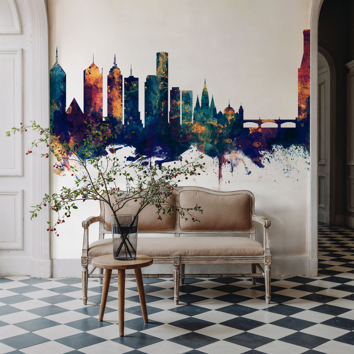 Melbourne Australia Skyline Blue & Bronze Mural Wallpaper - room preview 05