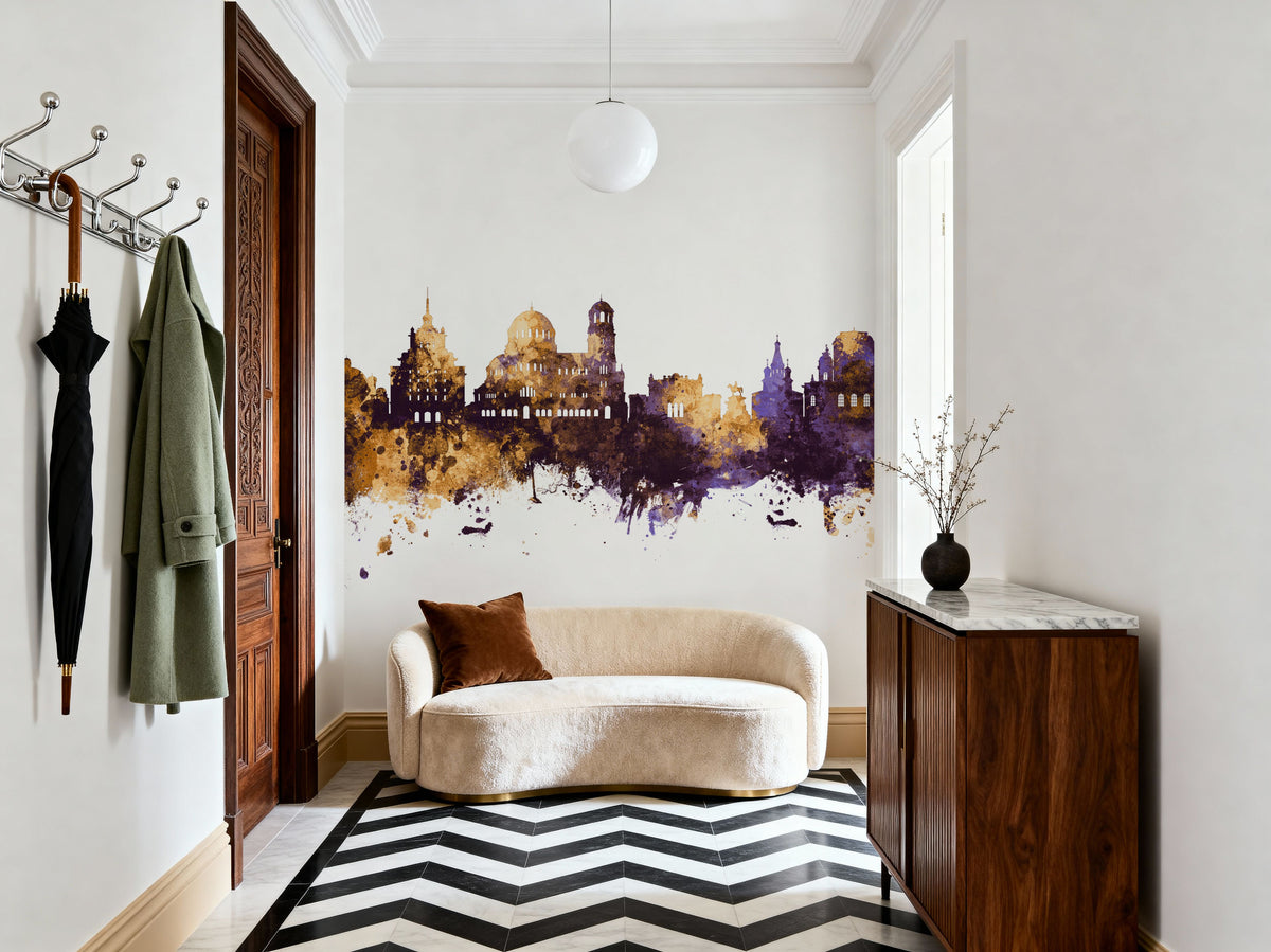 Sofia Bulgaria Skyline Purple & Gold Mural Wallpaper - room preview 05