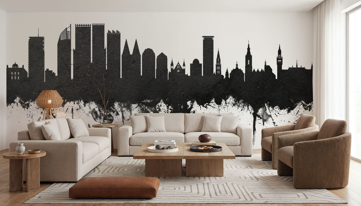 The Hauge Netherlands Skyline Black & White Mural Wallpaper - room preview 05