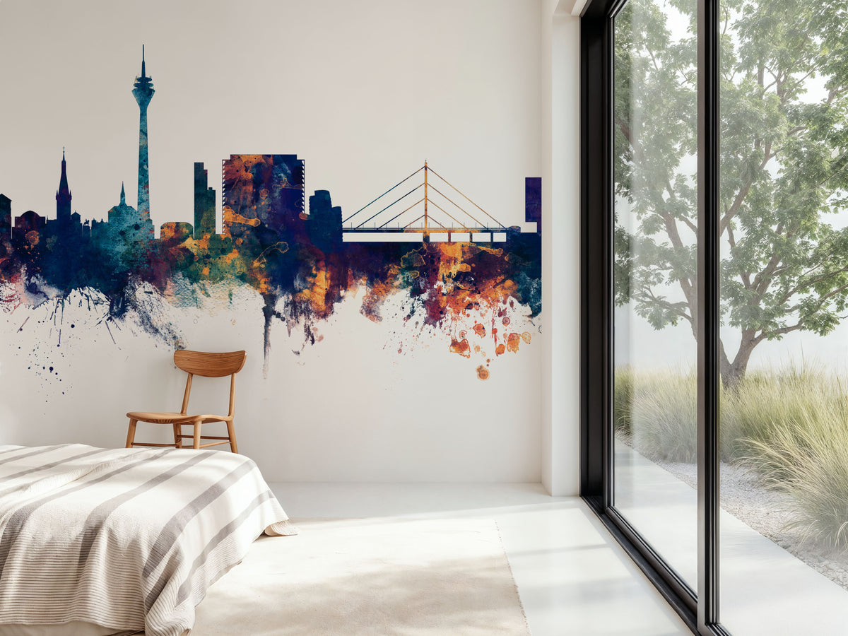 Düsseldorf Germany Skyline Blue & Bronze Mural Wallpaper - room preview 05