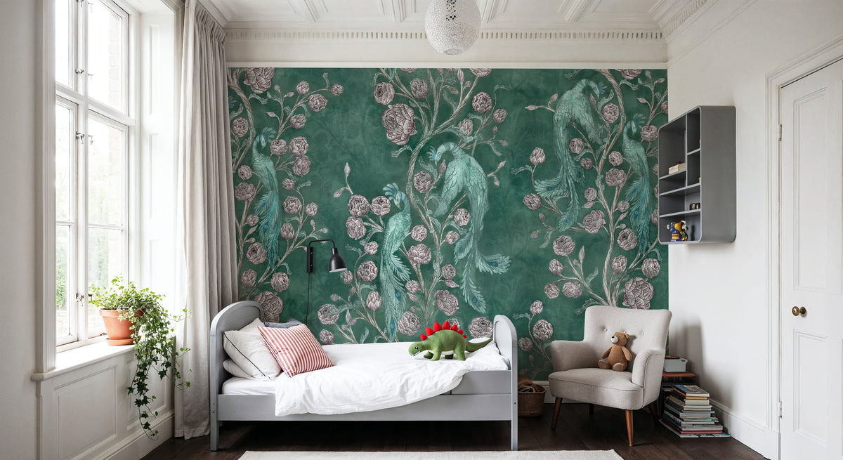 Peacock and Peony Chinoiserie Pale Green Mural Wallpaper - room preview 05