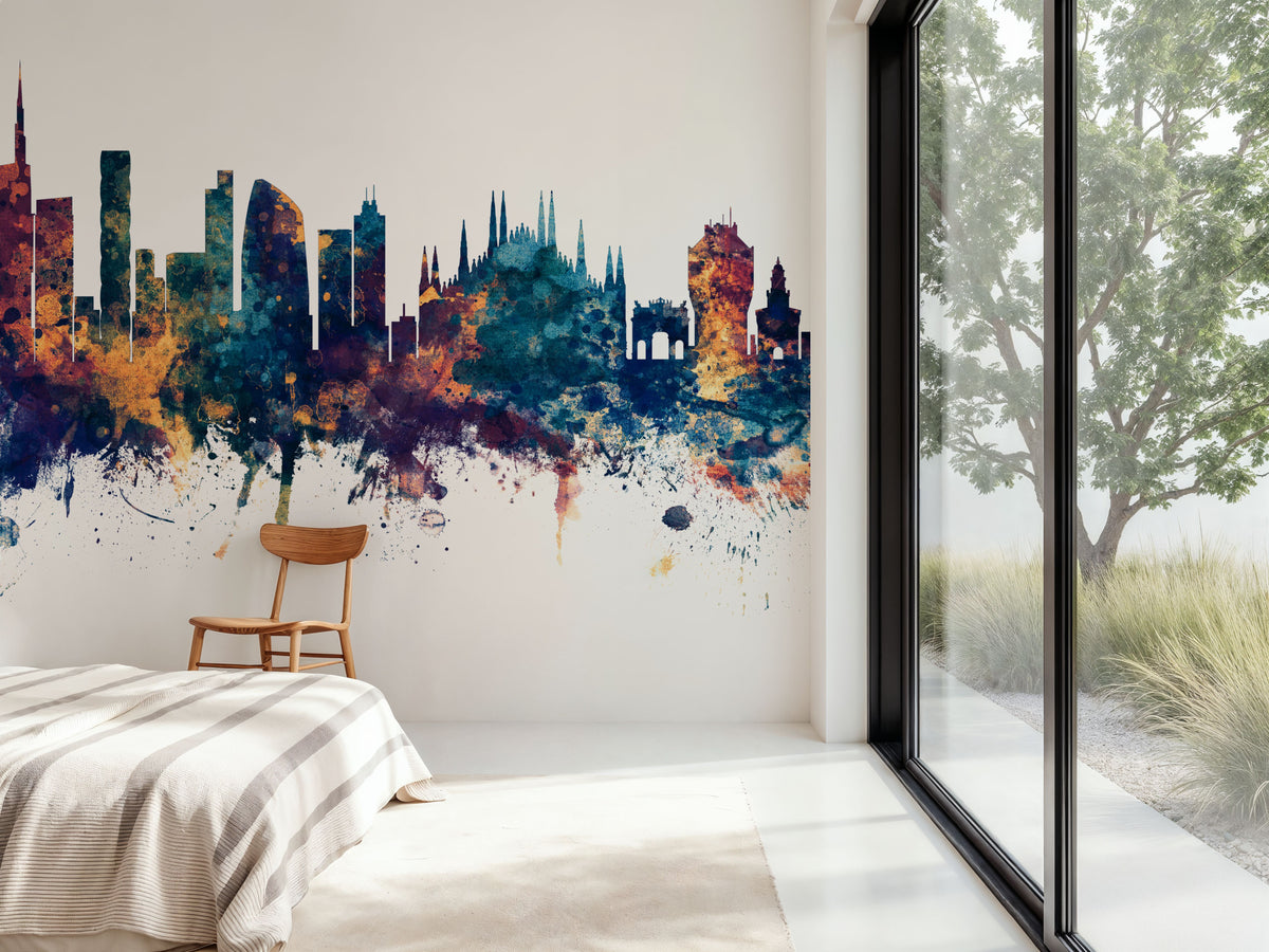 Milan Italy Skyline Blue & Bronze Mural Wallpaper - room preview 05