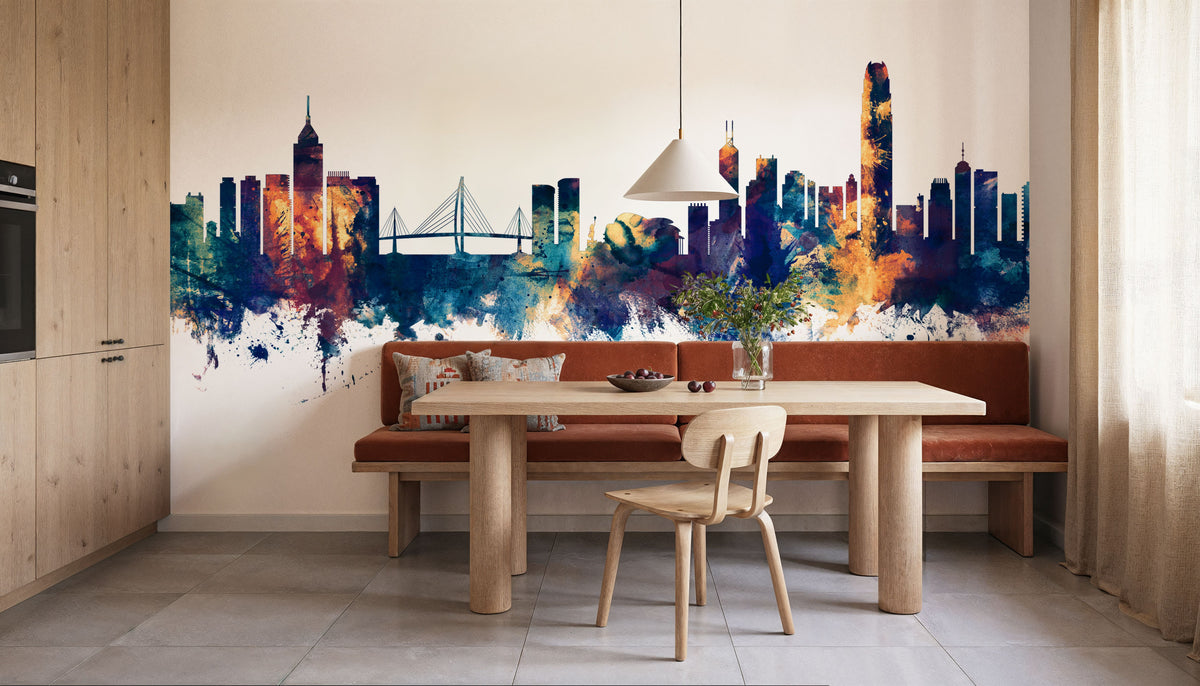 Hong Kong Skyline Blue & Bronze Mural Wallpaper - room preview 05