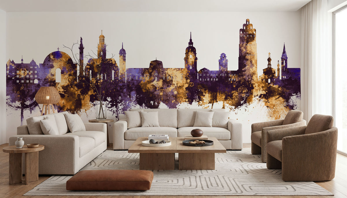 Darmstadt Skyline Purple & Gold Mural Wallpaper - room preview 05