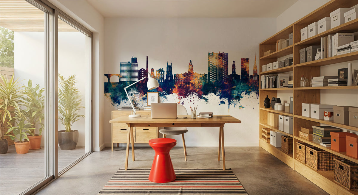 Stockport England Skyline Blue & Bronze Mural Wallpaper - room preview 05