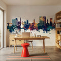 Stockport England Skyline Blue & Bronze Mural Wallpaper - room preview 05