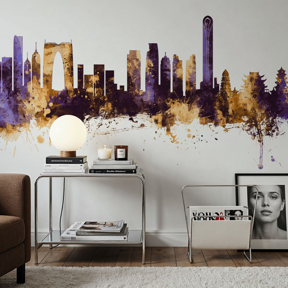 Suzhou China Skyline Purple & Gold Mural Wallpaper - room preview 05