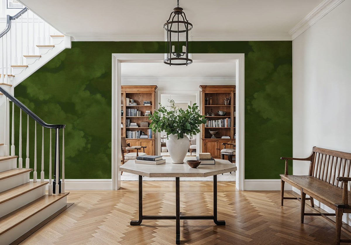 Painted Dreamy Clouds, Dill Green Mural Wallpaper - room preview 05