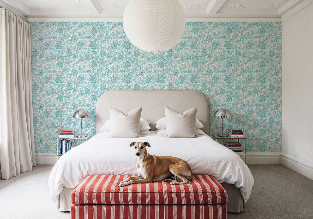 Kala Flowers Turqouise on White Mural Wallpaper - room preview 05