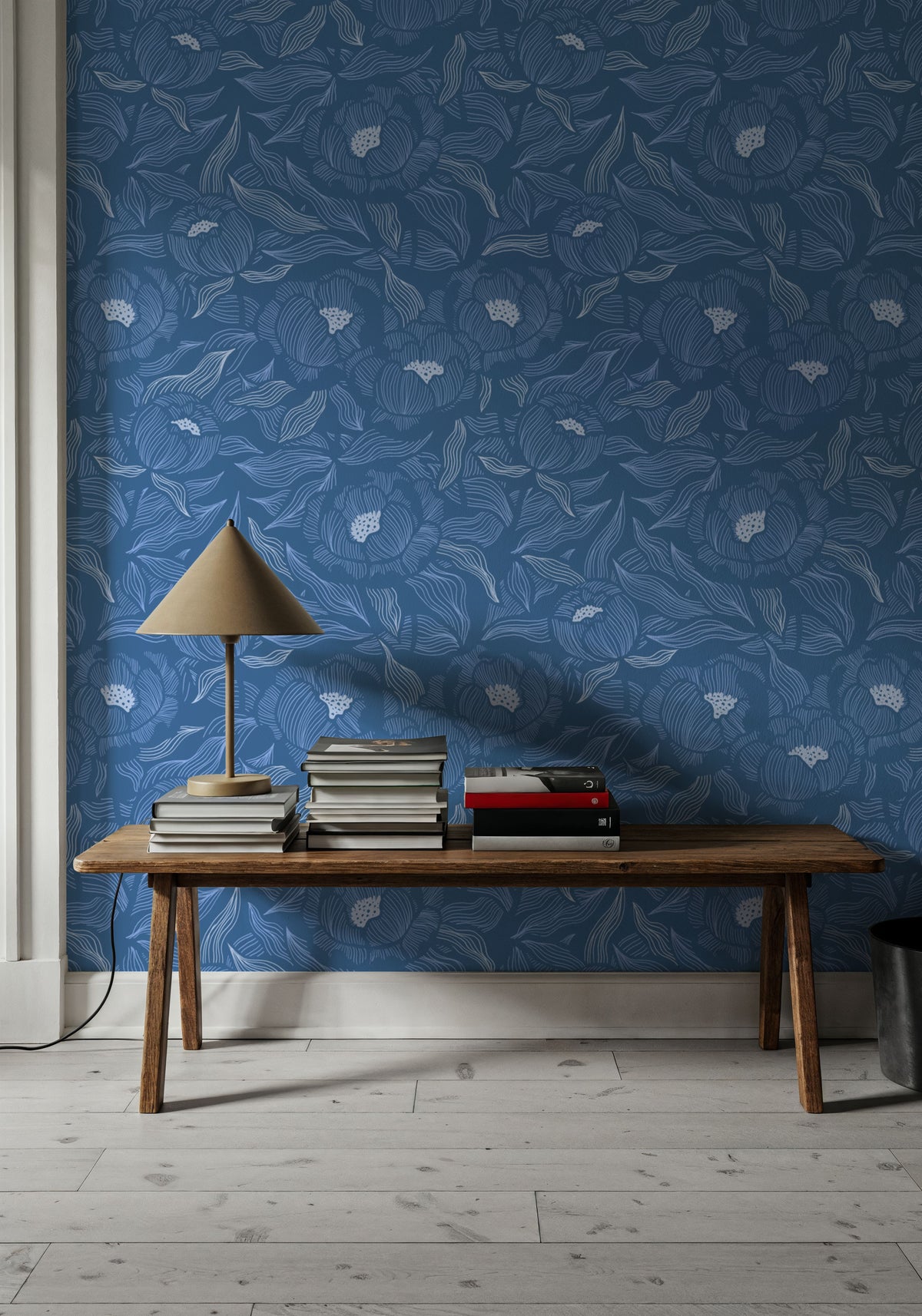 Hidden Peonies, Blue Mural Wallpaper - room preview 05
