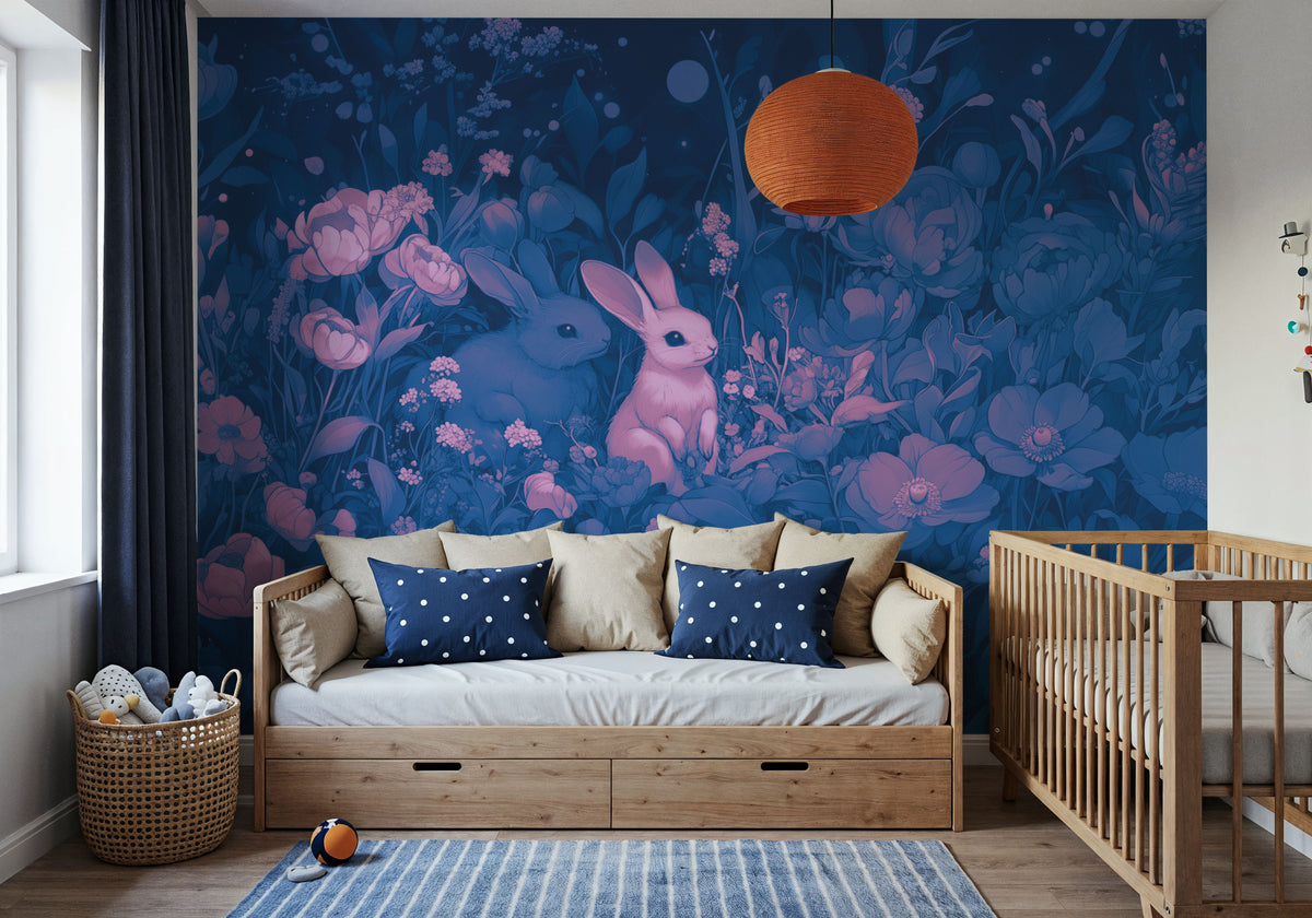 Rabbits Blue Pink Mural Wallpaper - room preview 05