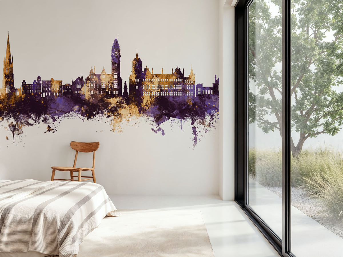 Wakefield England Skyline Purple & Gold Mural Wallpaper - room preview 05