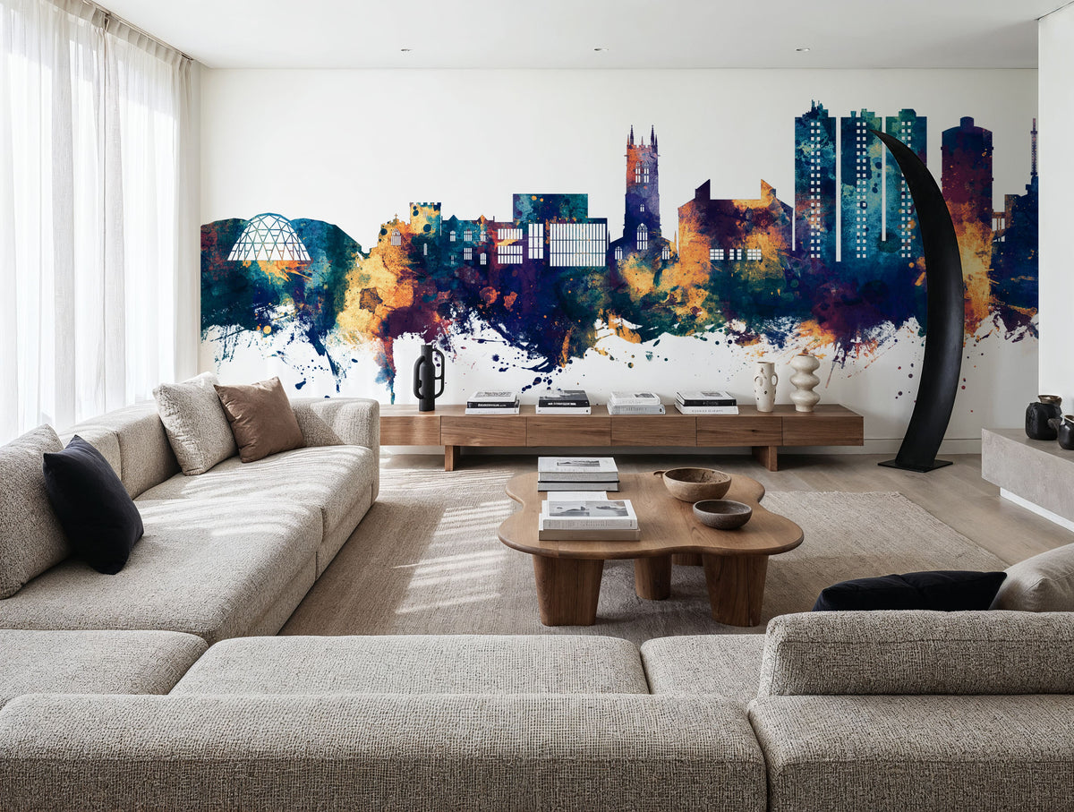 Scunthorpe England Skyline Blue & Bronze Mural Wallpaper - room preview 05