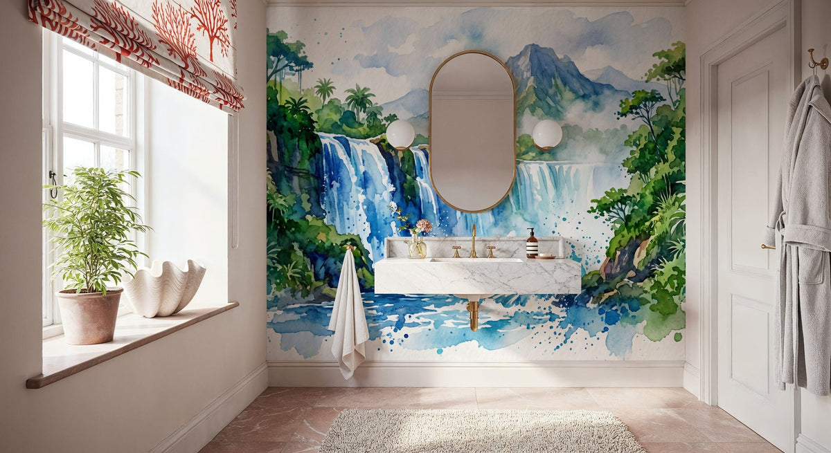 Tropical Waterfall - Watercolor Landscapes Series Mural Wallpaper - room preview 05