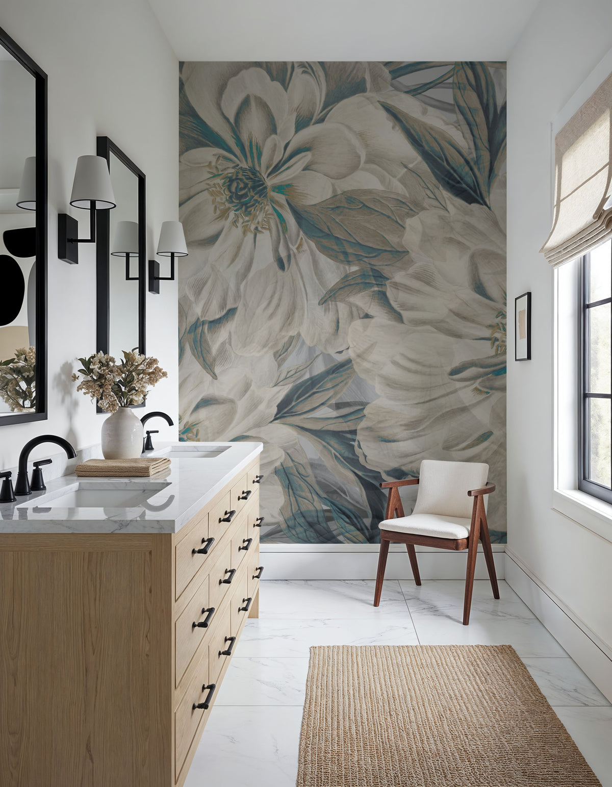 Peony Study - Cream and Teal Mural Wallpaper - room preview 05