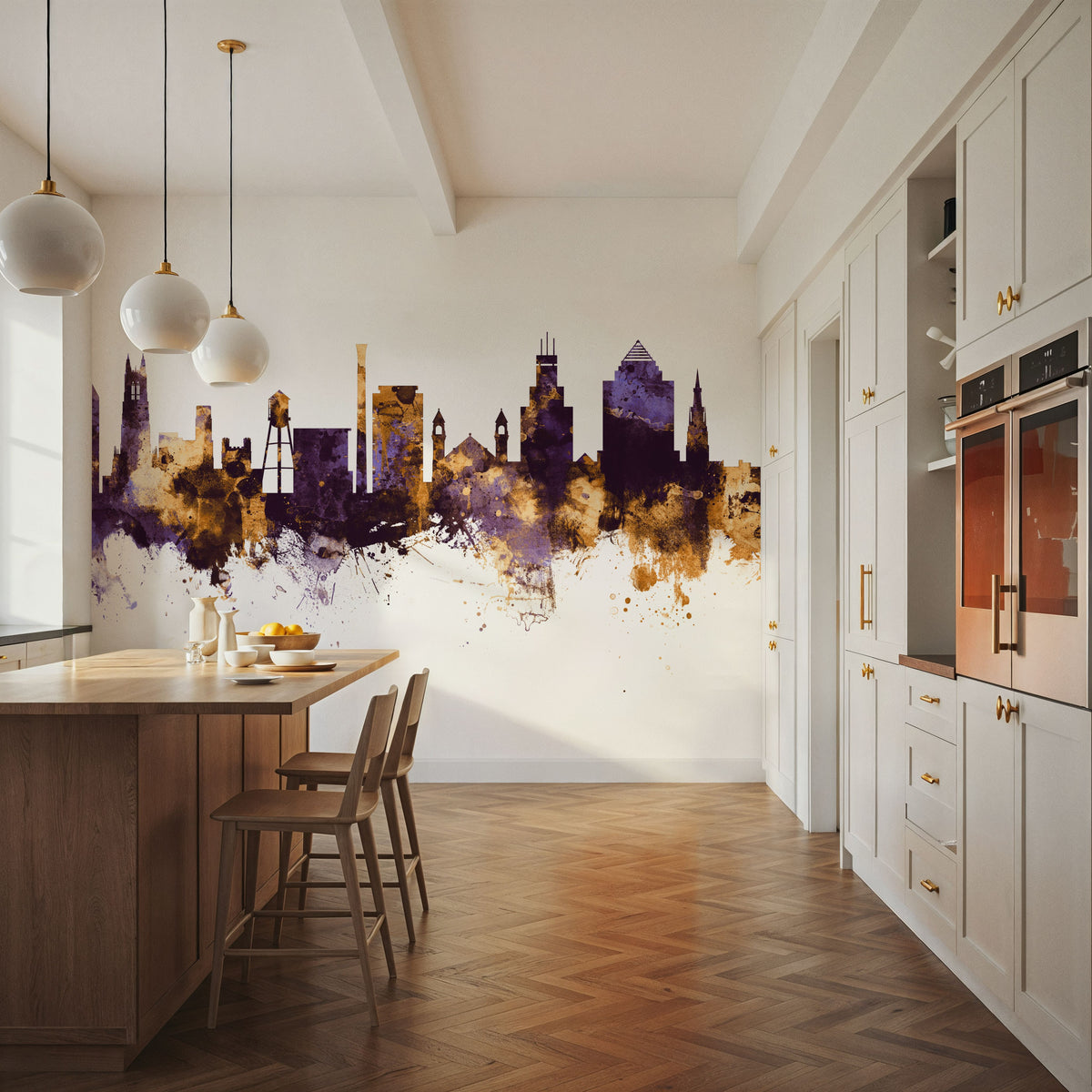 Durham North Carolina Skyline Purple & Gold Mural Wallpaper - room preview 05