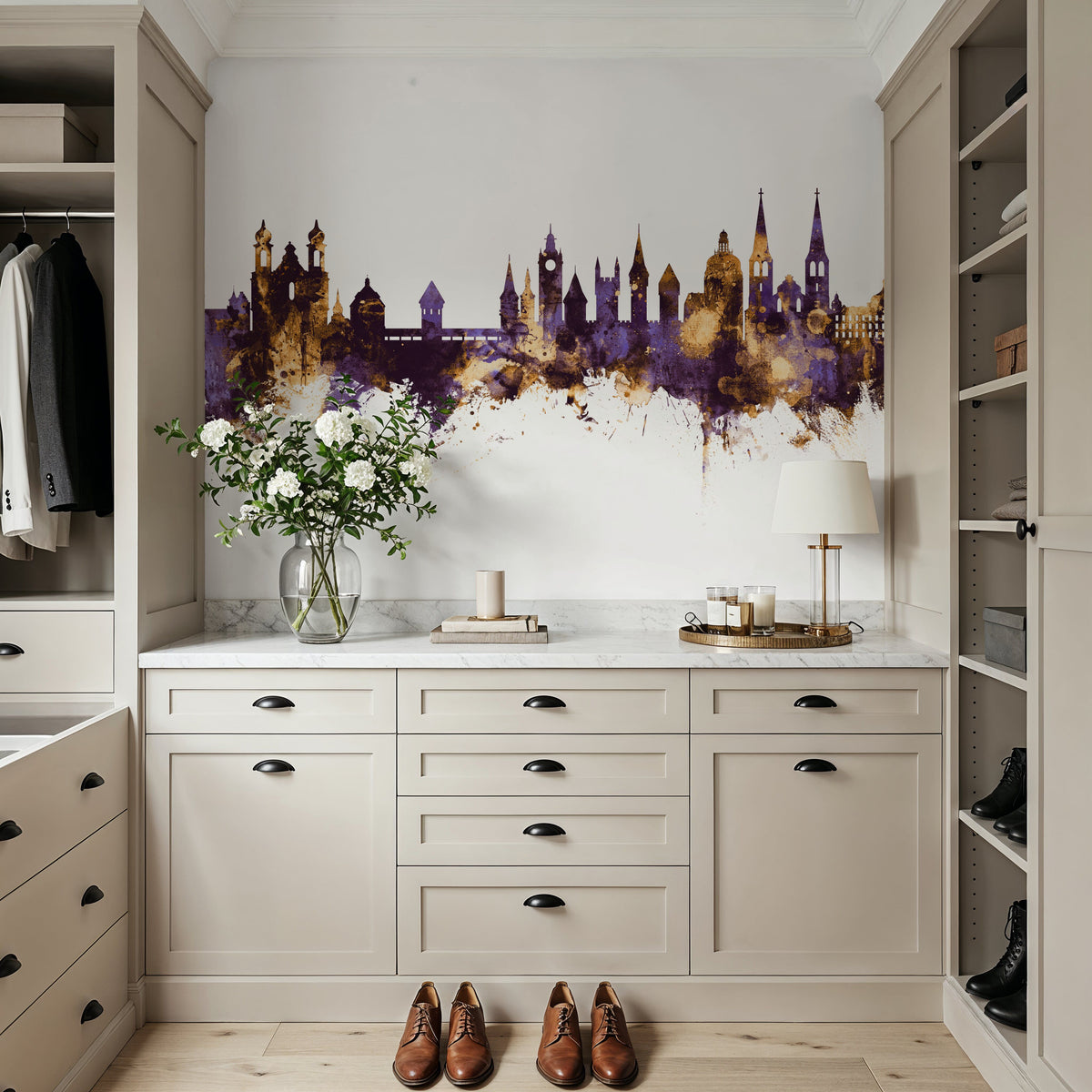 Lucerne Switzerland Luzern Skyline Purple & Gold Mural Wallpaper - room preview 05