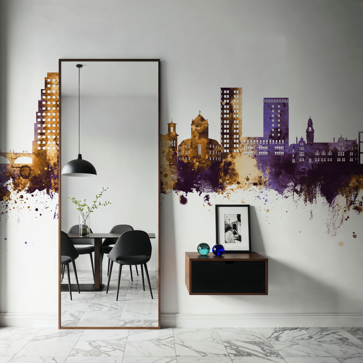 Kingston Upon Thames England Skyline Purple & Gold Mural Wallpaper - room preview 05