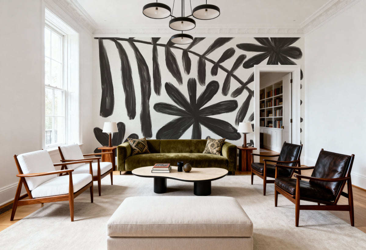 Fern and Flower Black Mural Wallpaper - room preview 05