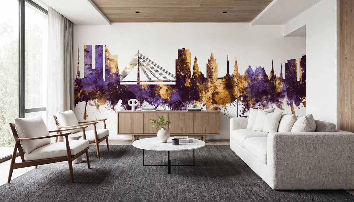 Riga Latvia Skyline Purple & Gold Mural Wallpaper - room preview 05