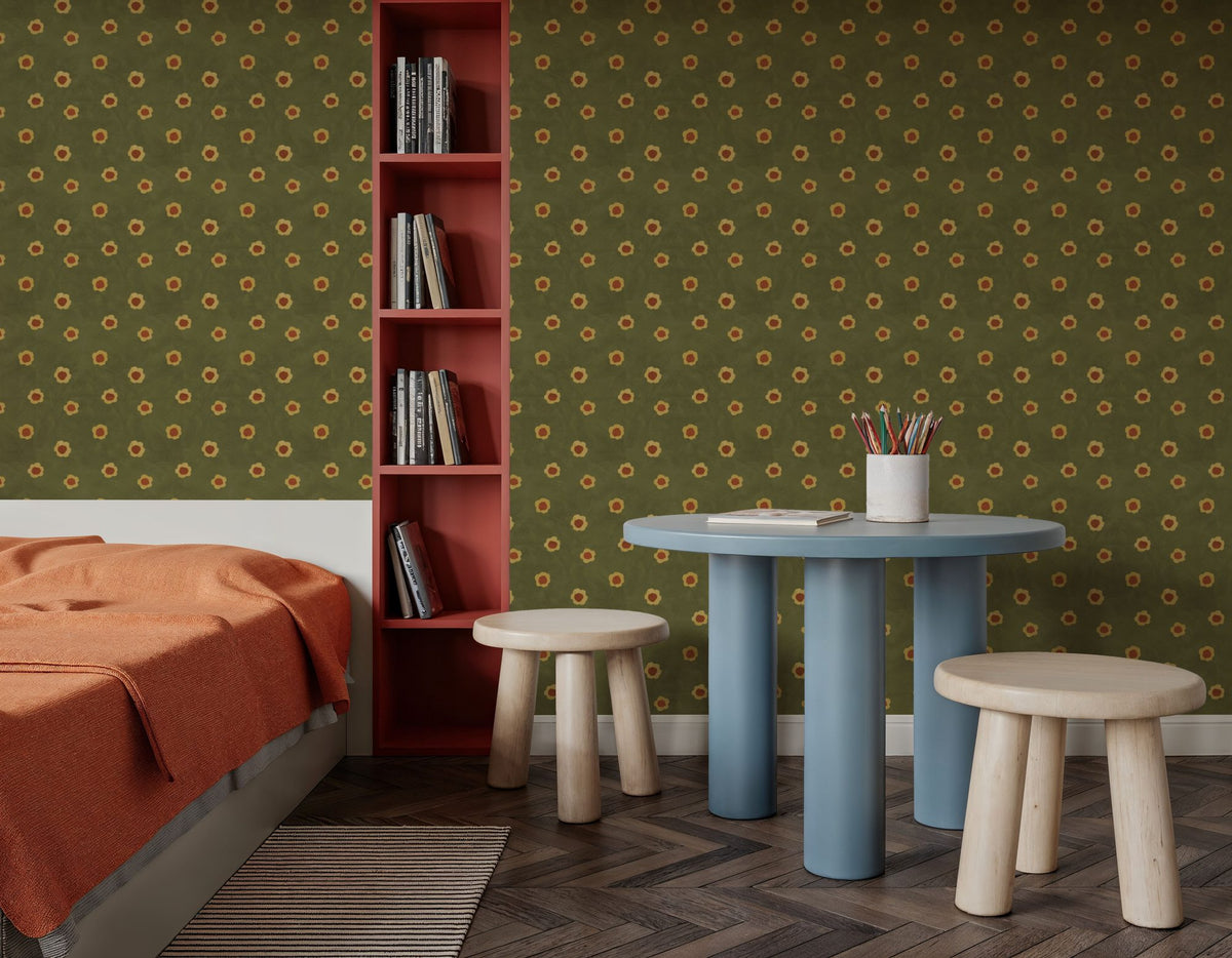 Autumn Buds Green Mural Wallpaper - room preview 05
