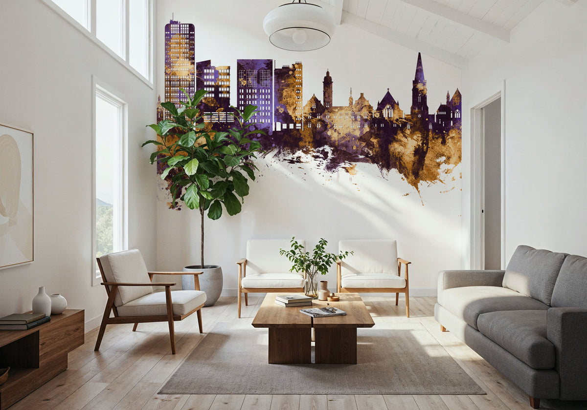 Swindon England Skyline Purple & Gold Mural Wallpaper - room preview 05