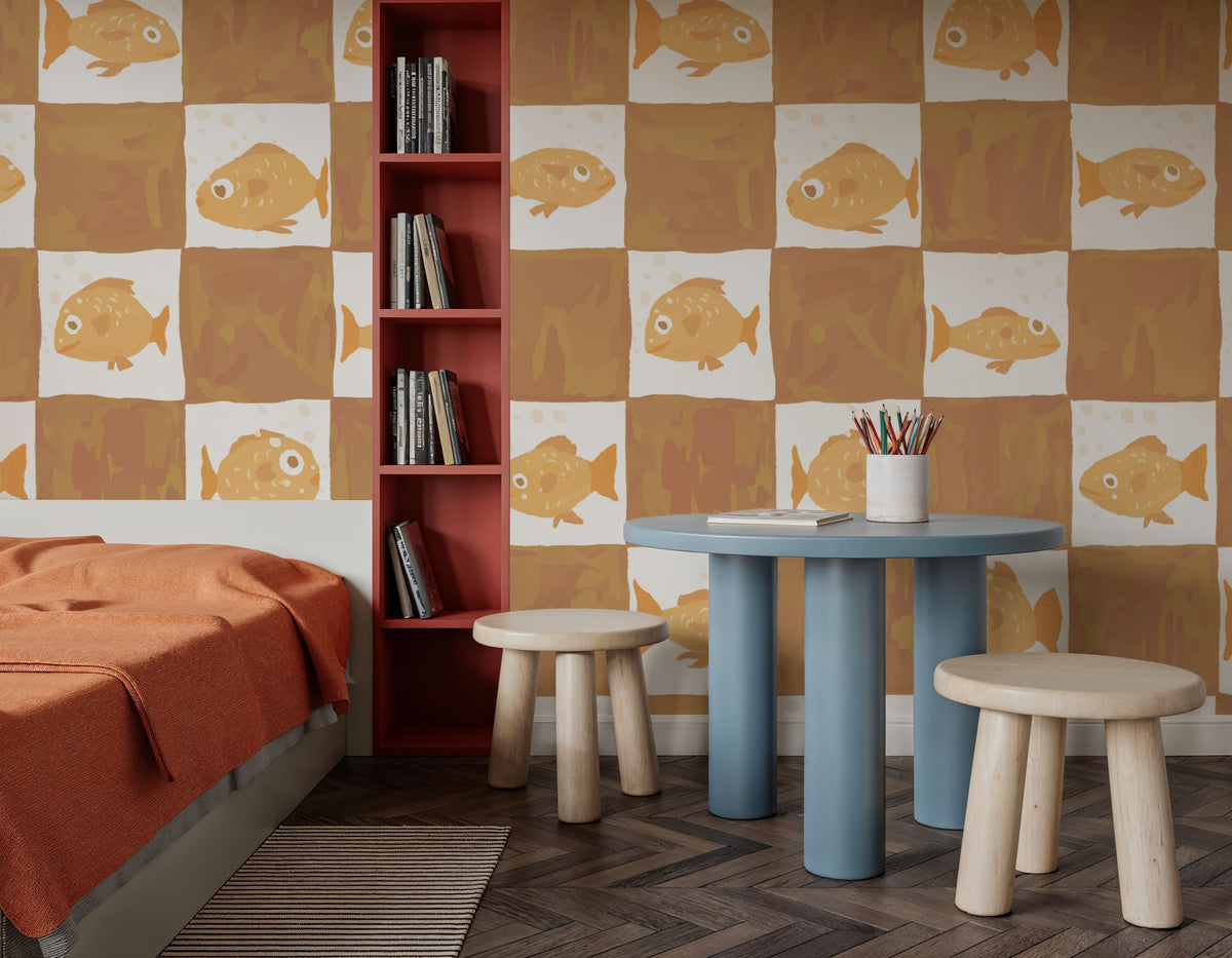 Fish Checkers, Warm Brown Mural Wallpaper - room preview 05