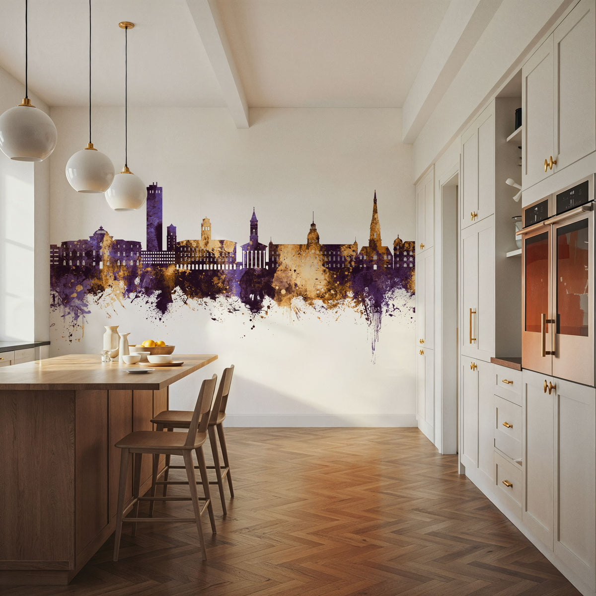 Karlsruhe Germany Skyline Purple & Gold Mural Wallpaper - room preview 05