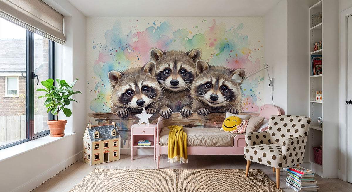 Raccoons - Cute Baby Animals Series Mural Wallpaper - room preview 05