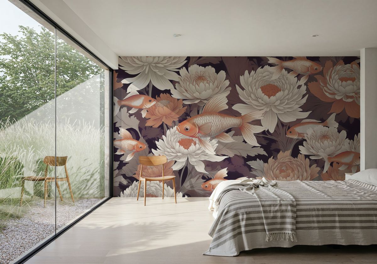 Dancing Fish, Dusty Orange Mural Wallpaper - room preview 05