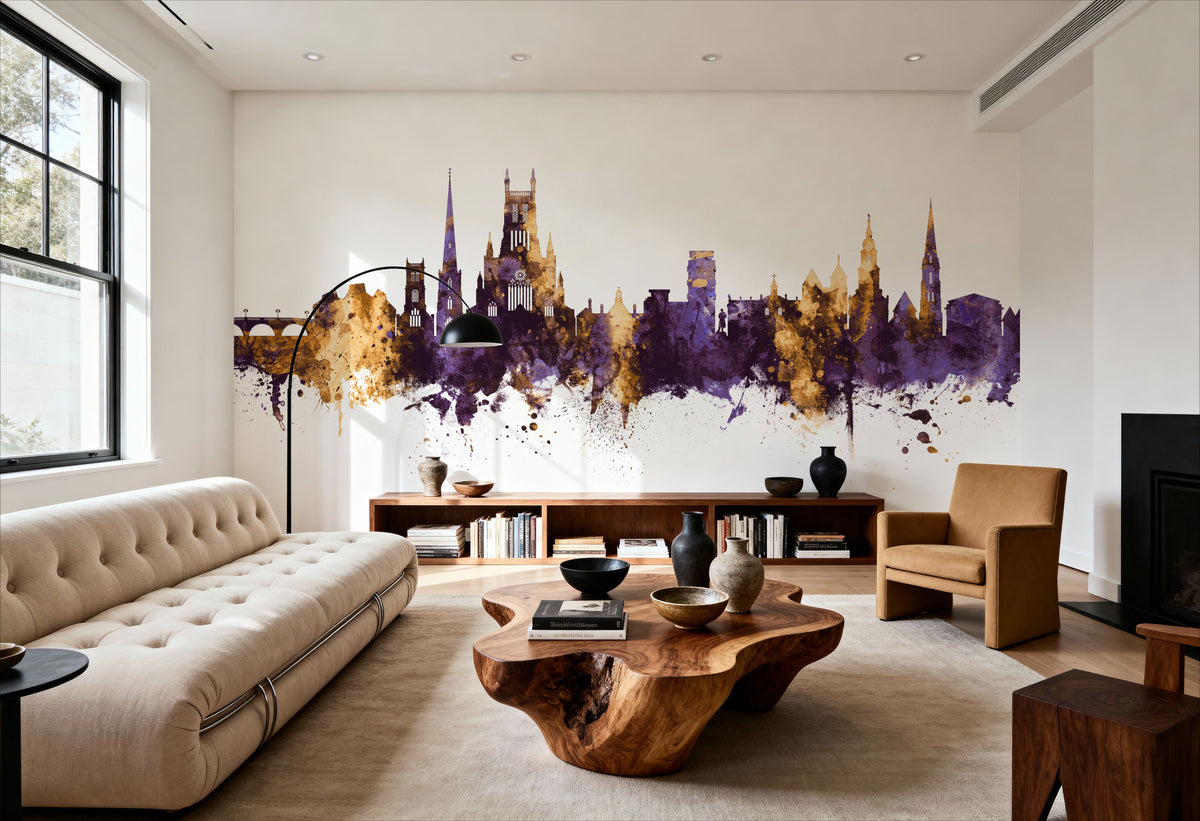 Worcester England Skyline Purple & Gold Mural Wallpaper - room preview 05