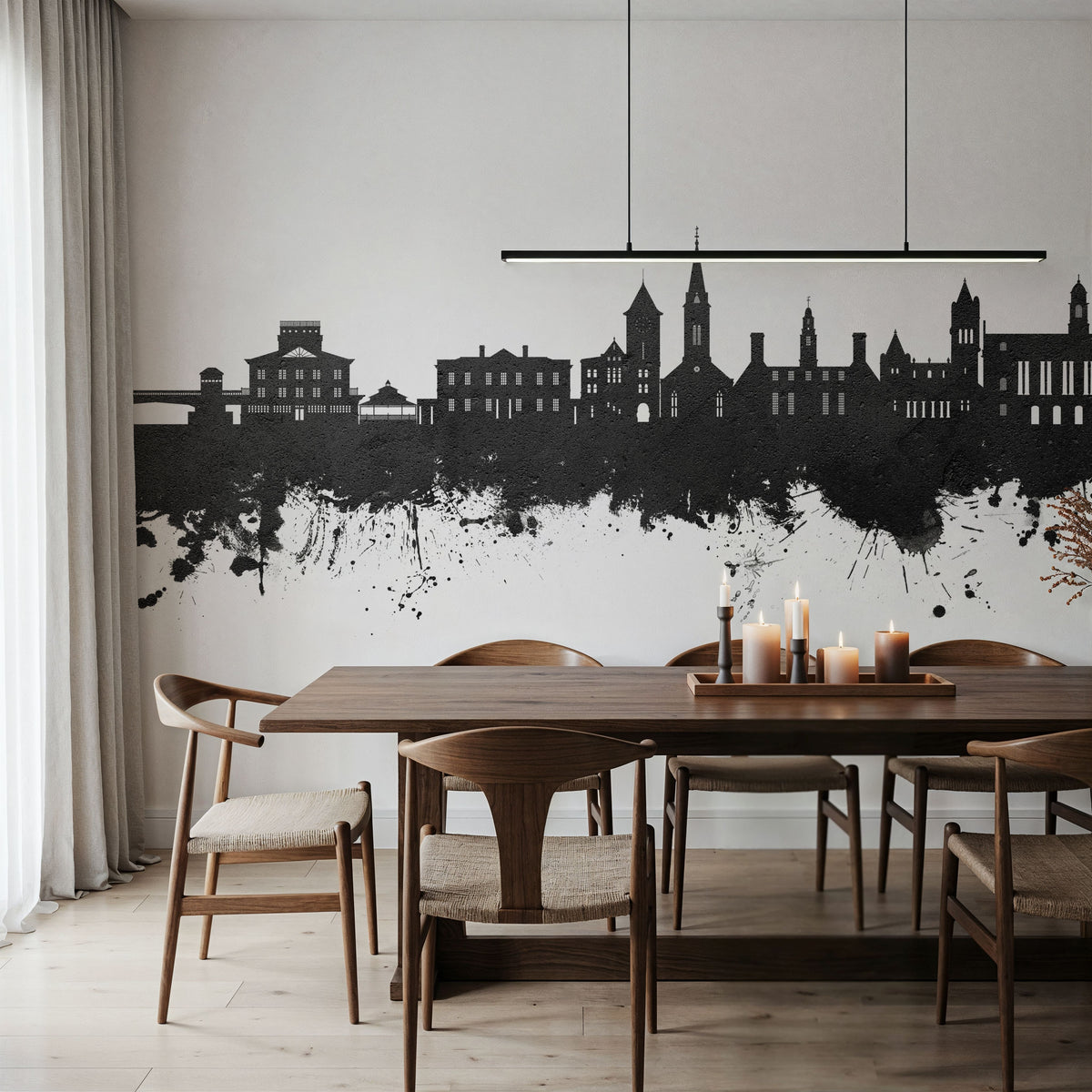 New Bern North Carolina Skyline Black & White Mural Wallpaper - room preview 05