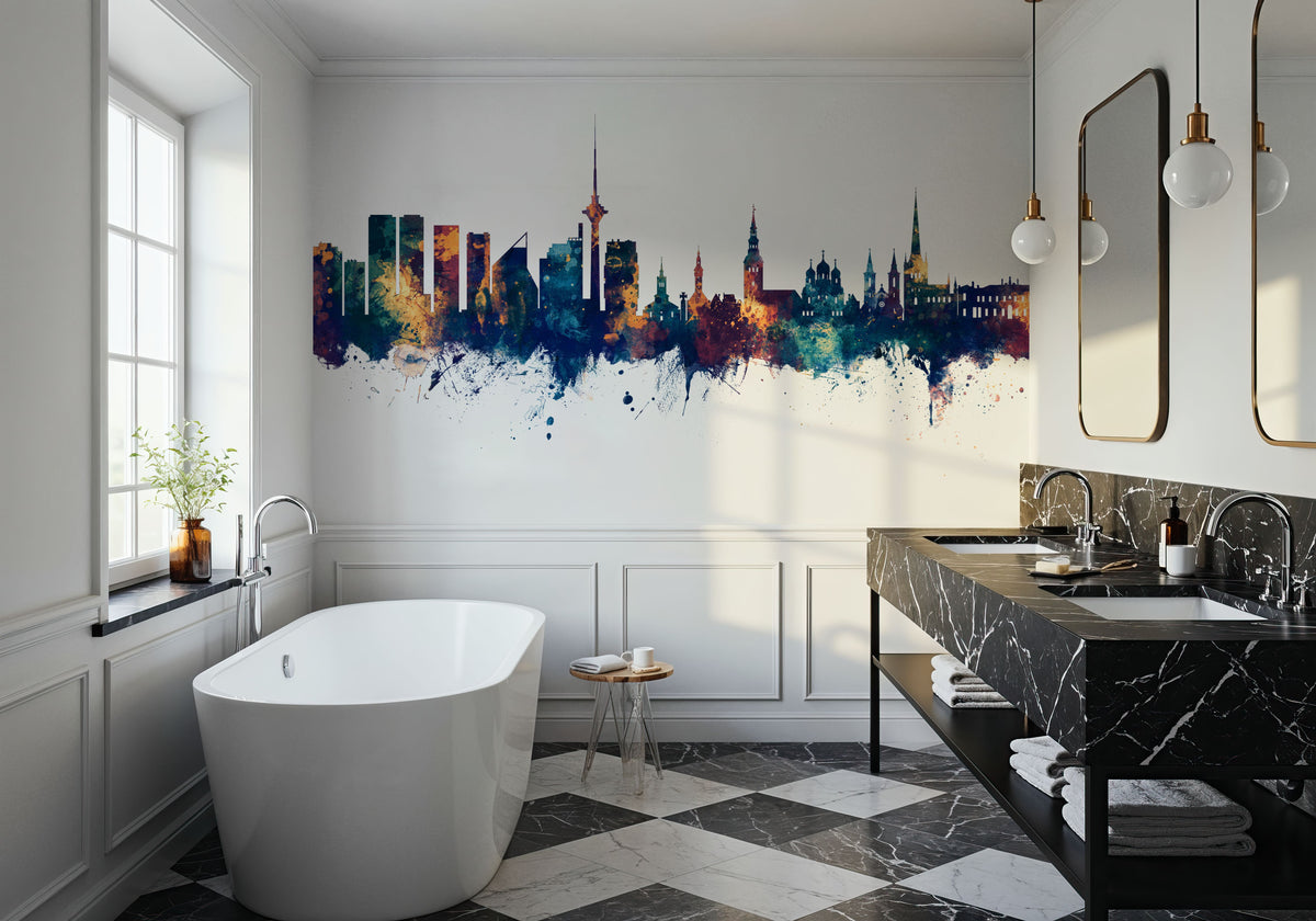 Tallinn Estonia Skyline Blue & Bronze Mural Wallpaper - room preview 05