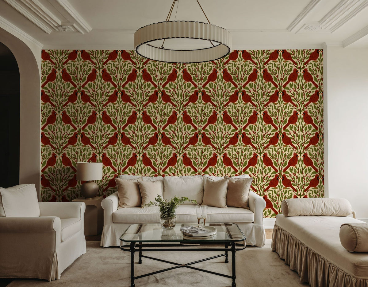 Cardinals & Winterberries, Vintage Mural Wallpaper - room preview 05
