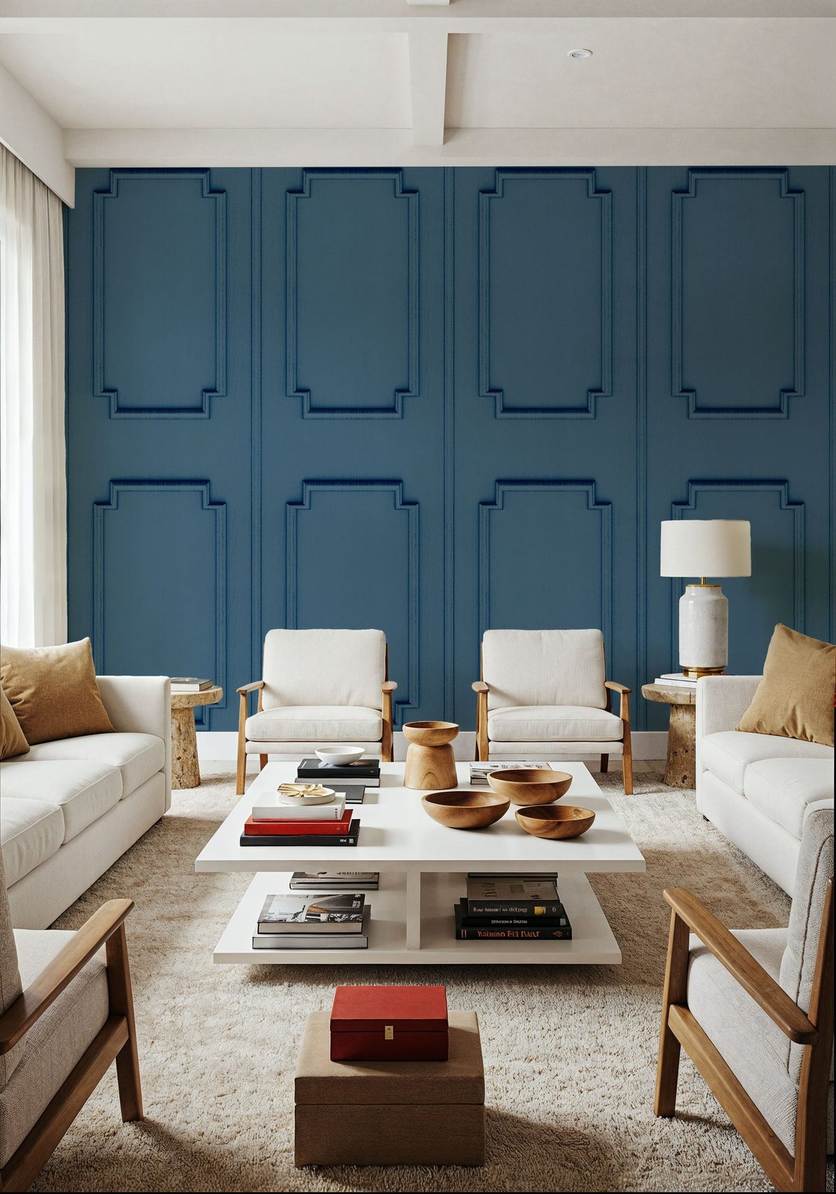 Faux Wall Panel Moulding, Sky Blue Mural Wallpaper - room preview 05