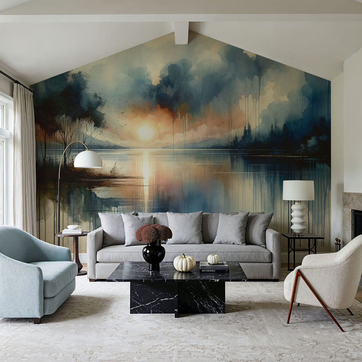 Watercolor Abstract Lake Mural Wallpaper - room preview 05