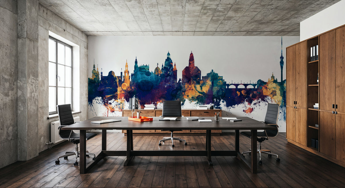 Dresden Germany Skyline Blue & Bronze Mural Wallpaper - room preview 05