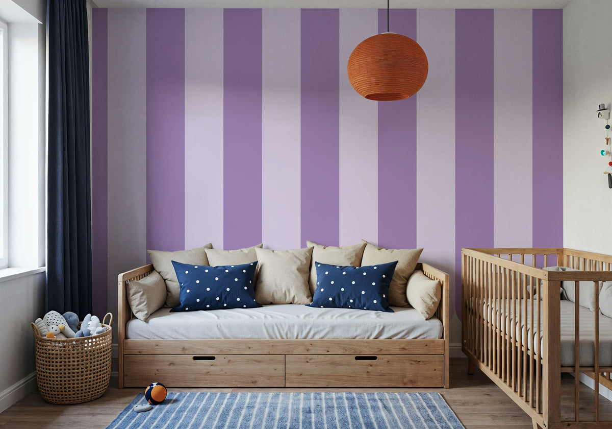 Scalloped Circus Stripes, Purple on Purple Mural Wallpaper - room preview 05
