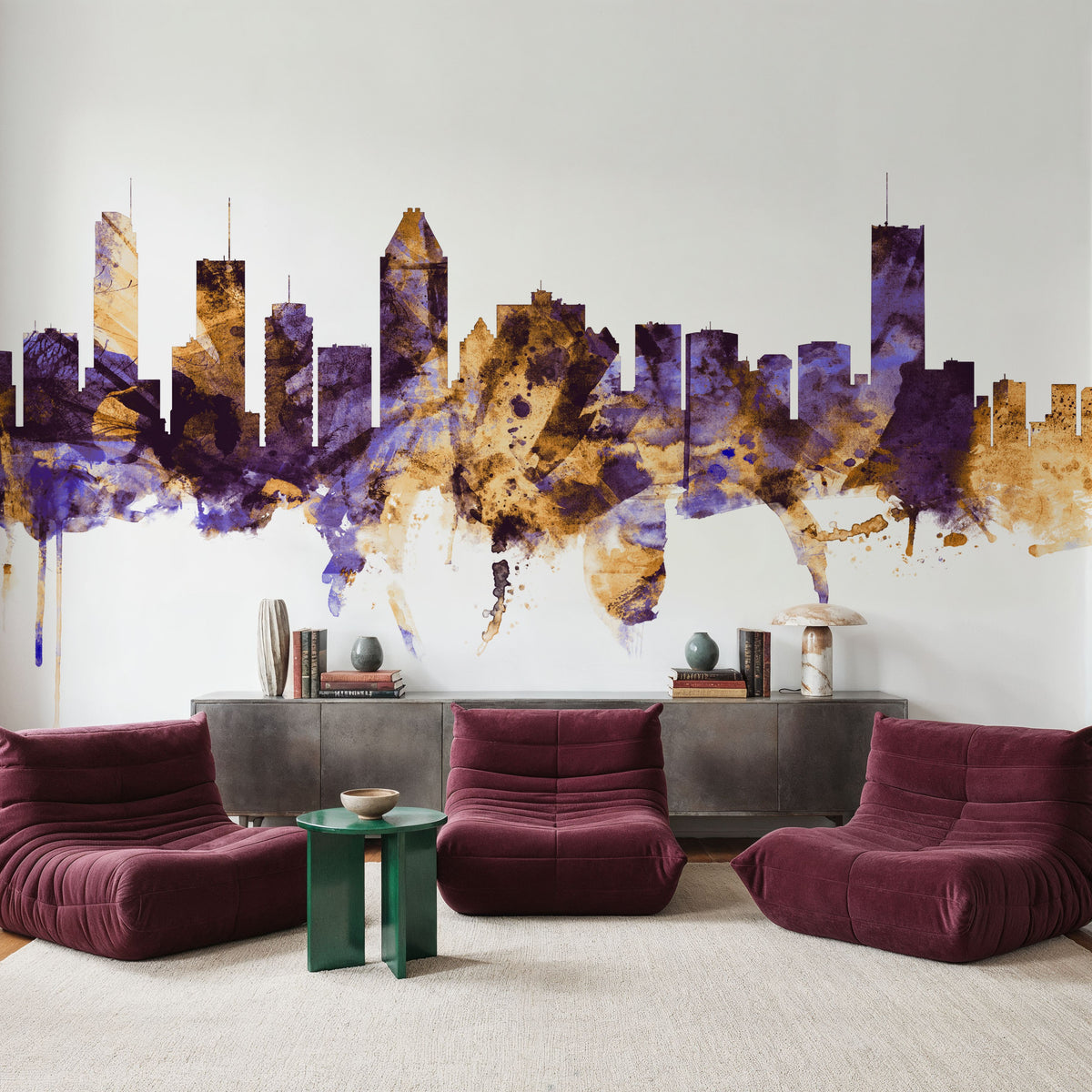 Montreal Canada Skyline Purple & Gold Mural Wallpaper - room preview 05