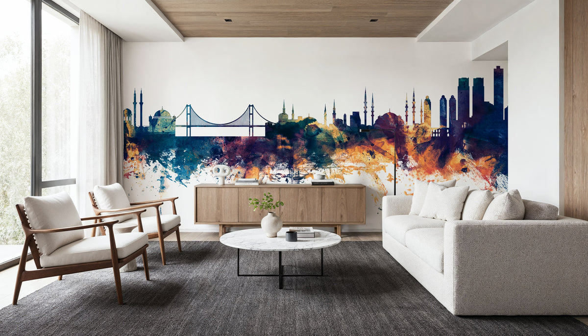Istanbul Turkey Skyline Blue & Bronze Mural Wallpaper - room preview 05
